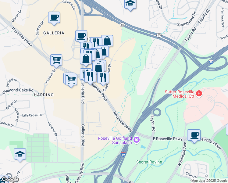 map of restaurants, bars, coffee shops, grocery stores, and more near 1025 creekside Ridge Drive in Roseville