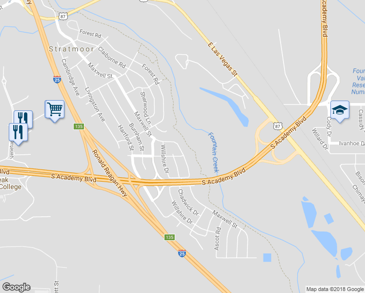 map of restaurants, bars, coffee shops, grocery stores, and more near 1329 Maxwell Street in Colorado Springs