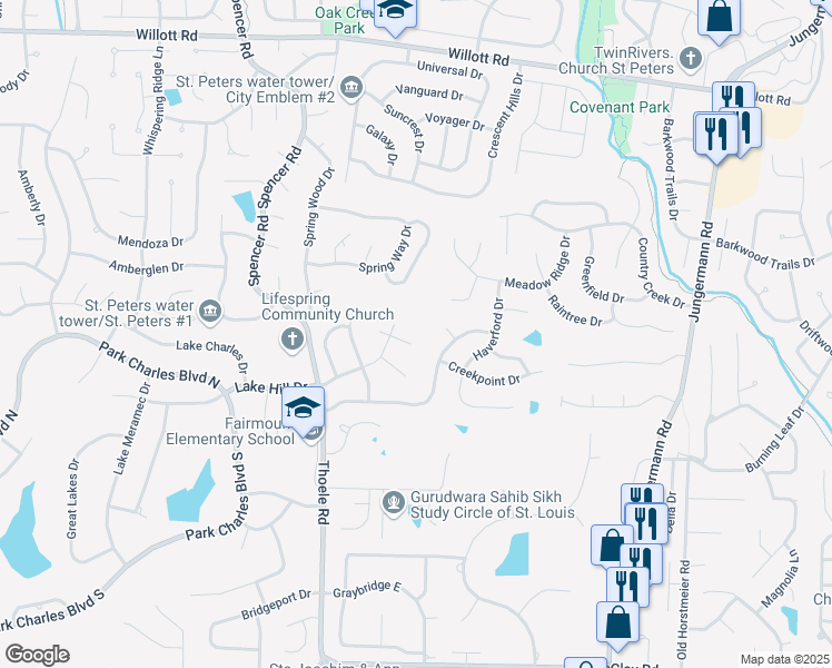 map of restaurants, bars, coffee shops, grocery stores, and more near 504 Liberty Crossing Ct in St Peters