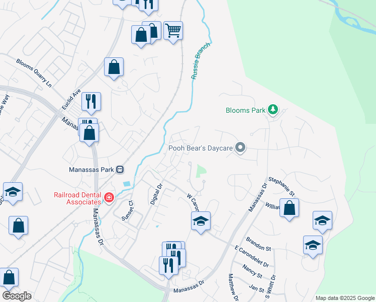 map of restaurants, bars, coffee shops, grocery stores, and more near Wigfall Way in Manassas Park