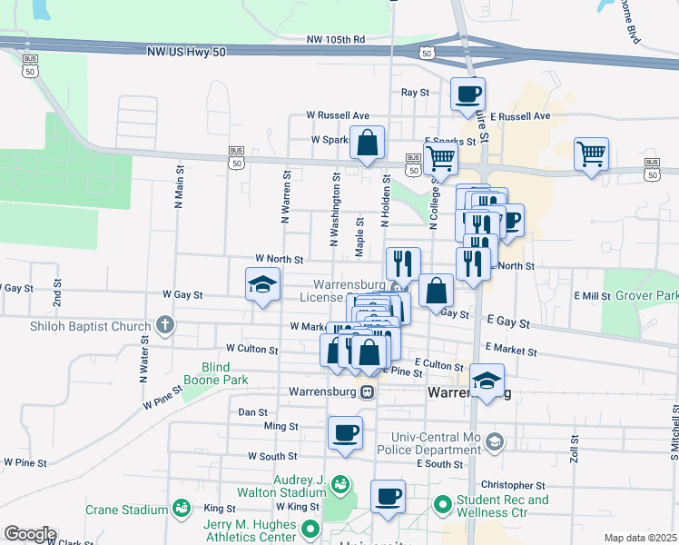 map of restaurants, bars, coffee shops, grocery stores, and more near 417 North Washington Street in Warrensburg