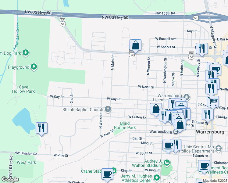 map of restaurants, bars, coffee shops, grocery stores, and more near 415 North Main Street in Warrensburg