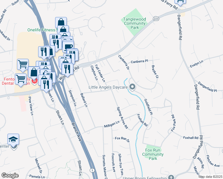 map of restaurants, bars, coffee shops, grocery stores, and more near 7505 Clinton Vista Lane in Clinton