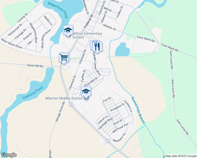 map of restaurants, bars, coffee shops, grocery stores, and more near 310 Village Center Boulevard in Milton