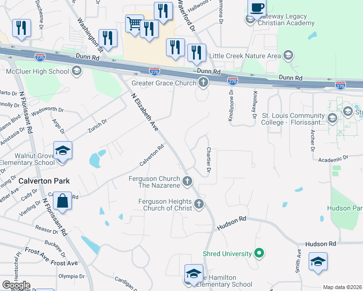 map of restaurants, bars, coffee shops, grocery stores, and more near 555 Monceau Drive in Ferguson