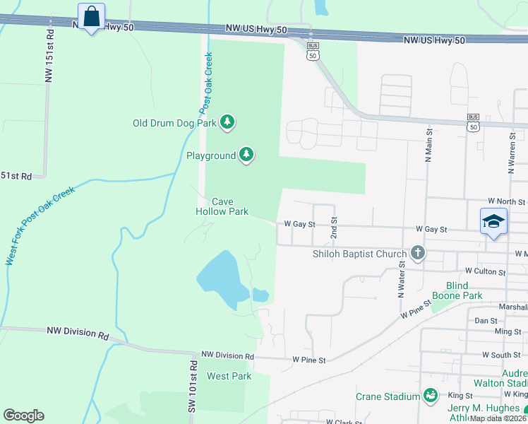 map of restaurants, bars, coffee shops, grocery stores, and more near 907 West Gay Street in Warrensburg