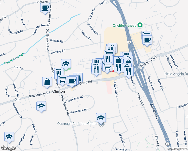 map of restaurants, bars, coffee shops, grocery stores, and more near 8999 Woodyard Road in Clinton