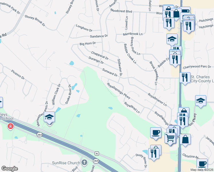map of restaurants, bars, coffee shops, grocery stores, and more near 314 Royallsprings Parkway in Dardenne Prairie