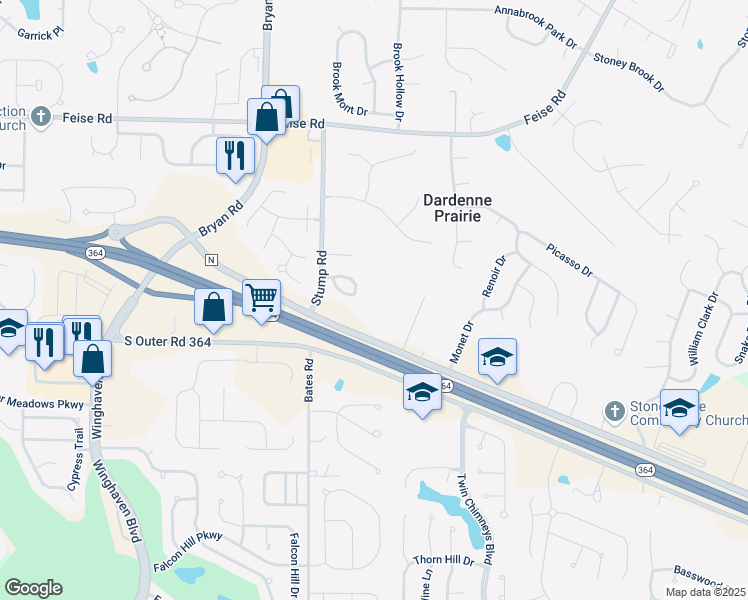 map of restaurants, bars, coffee shops, grocery stores, and more near 7393 State Highway North in O'Fallon