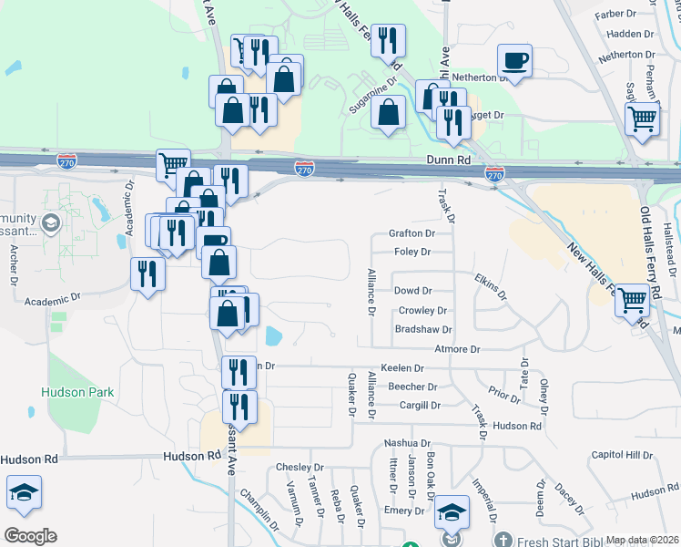 map of restaurants, bars, coffee shops, grocery stores, and more near 35 Harneywold Drive in St. Louis