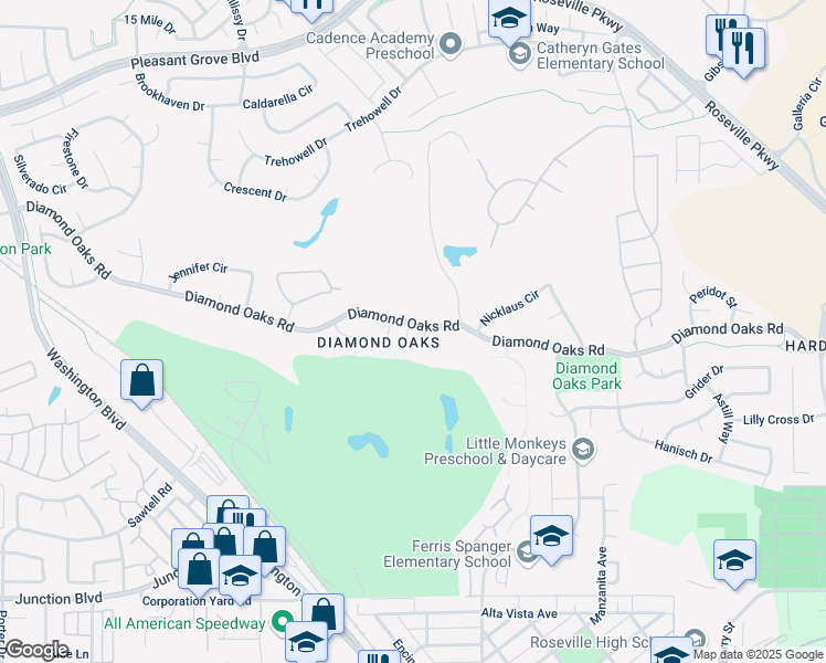 map of restaurants, bars, coffee shops, grocery stores, and more near 333 Diamond Oaks Road in Roseville
