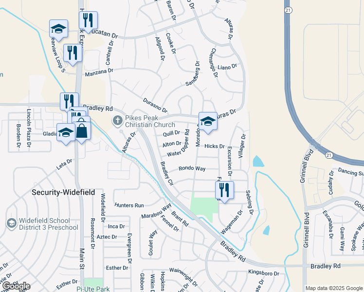 map of restaurants, bars, coffee shops, grocery stores, and more near 5285 Alton Drive in Colorado Springs