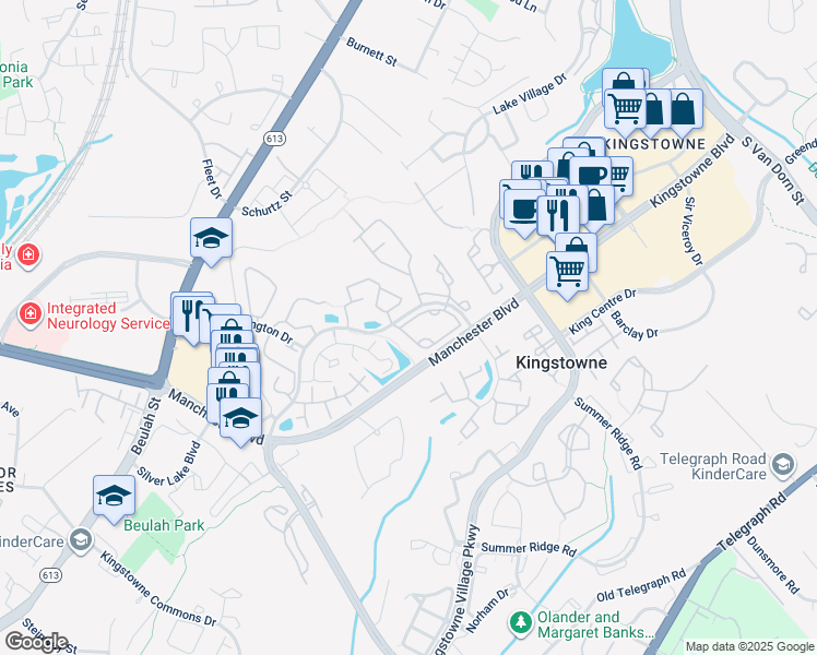 map of restaurants, bars, coffee shops, grocery stores, and more near 6957 Mary Caroline Circle in Alexandria