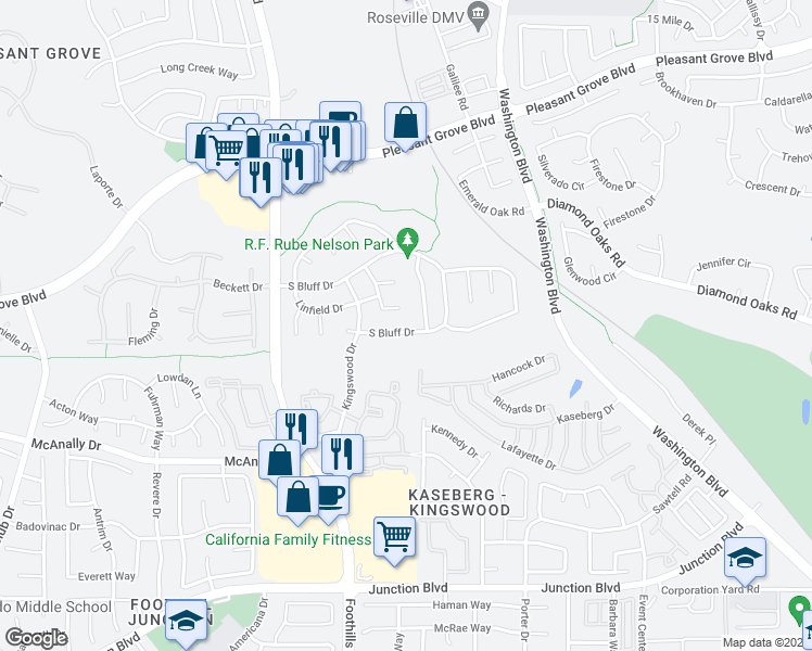 map of restaurants, bars, coffee shops, grocery stores, and more near 1057 South Bluff Drive in Roseville