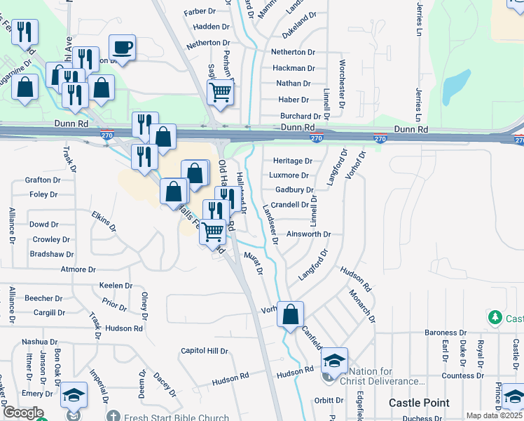 map of restaurants, bars, coffee shops, grocery stores, and more near 10743 Landseer Drive in St. Louis