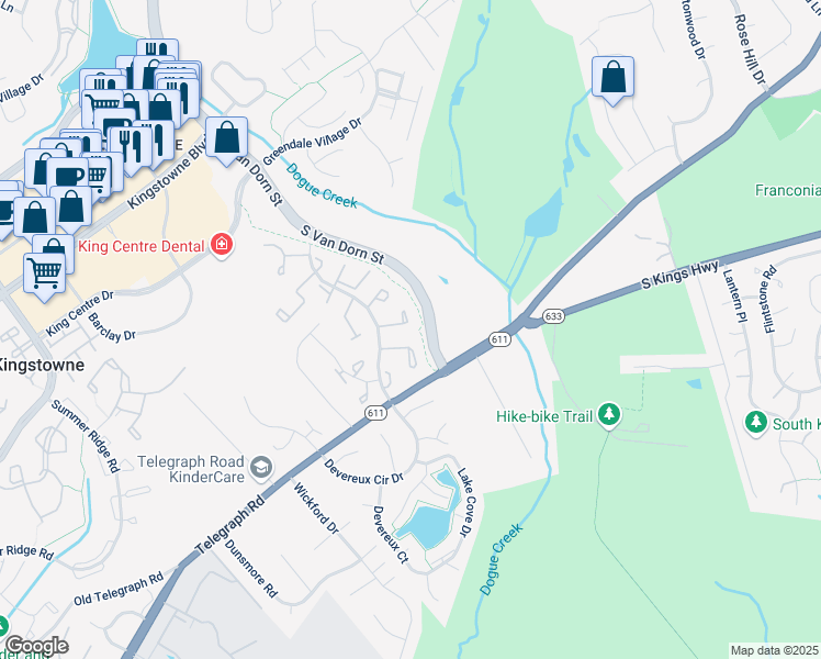map of restaurants, bars, coffee shops, grocery stores, and more near 5223 Pleasure Cove Court in Alexandria