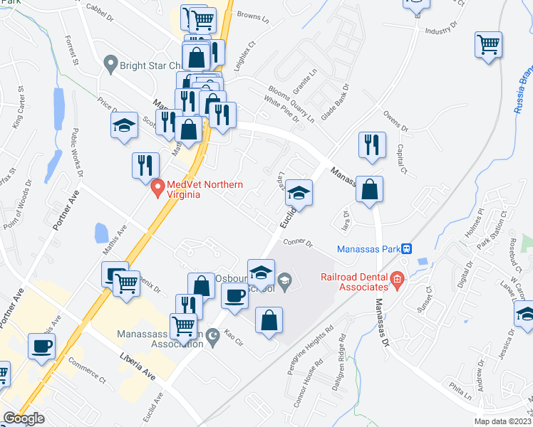 map of restaurants, bars, coffee shops, grocery stores, and more near 9022 Saint Steven Court in Manassas Park