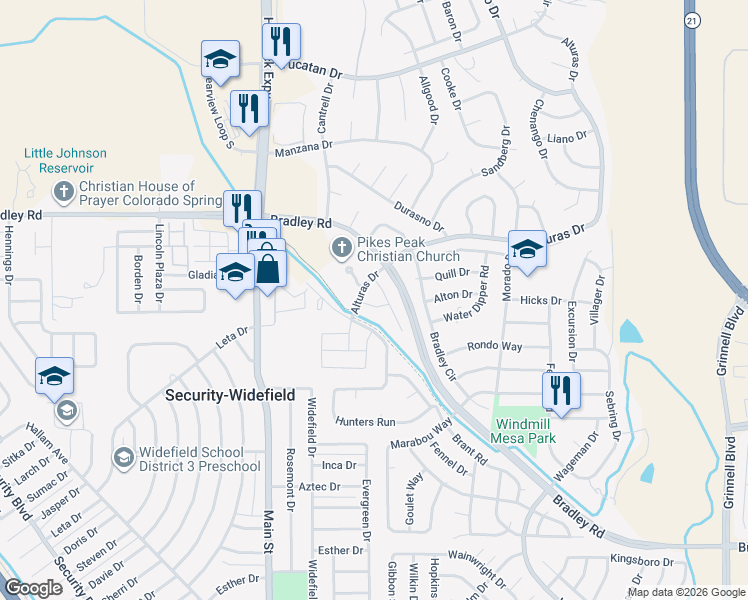 map of restaurants, bars, coffee shops, grocery stores, and more near 5018 Rill Valley Way in Colorado Springs