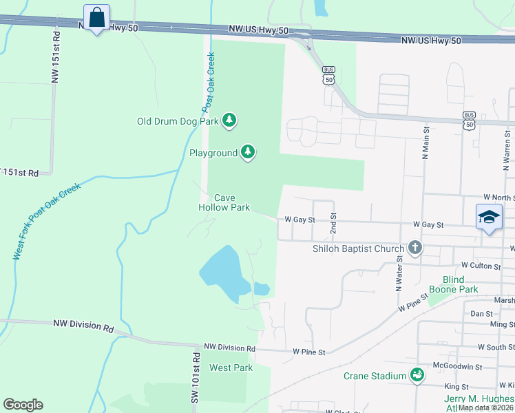 map of restaurants, bars, coffee shops, grocery stores, and more near 907 West Gay Street in Warrensburg