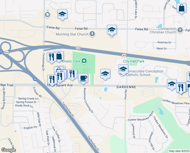 map of restaurants, bars, coffee shops, grocery stores, and more near 7773 Highway North in O'Fallon