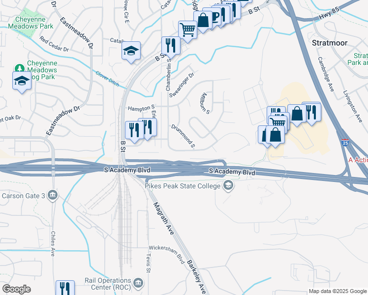 map of restaurants, bars, coffee shops, grocery stores, and more near 4420 Drummond Circle in Colorado Springs