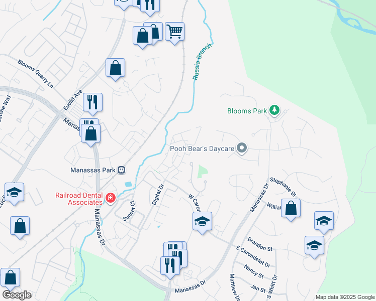 map of restaurants, bars, coffee shops, grocery stores, and more near 9612 Wigfall Way in Manassas Park