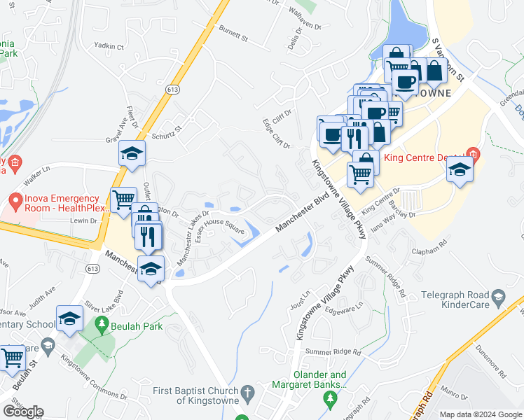 map of restaurants, bars, coffee shops, grocery stores, and more near 6957 Mary Caroline Circle in Alexandria