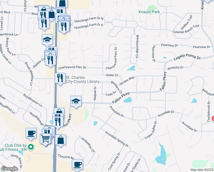 map of restaurants, bars, coffee shops, grocery stores, and more near 15 Dream Court in Saint Peters