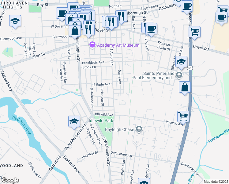 map of restaurants, bars, coffee shops, grocery stores, and more near 310 South Aurora Street in Easton