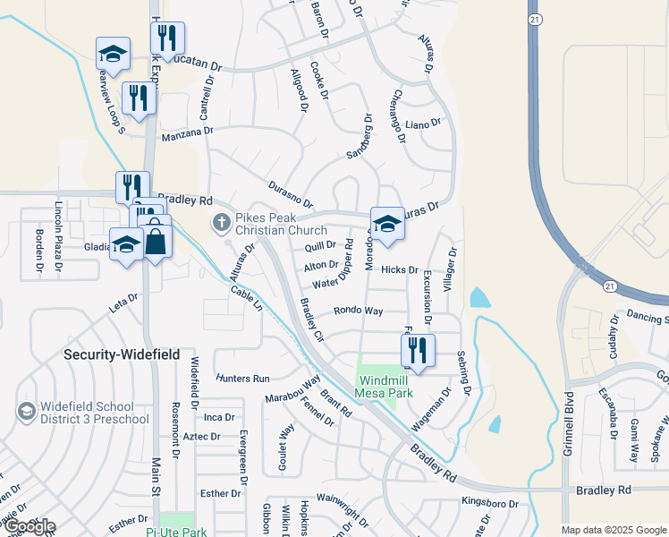map of restaurants, bars, coffee shops, grocery stores, and more near 5280 Alton Drive in Colorado Springs