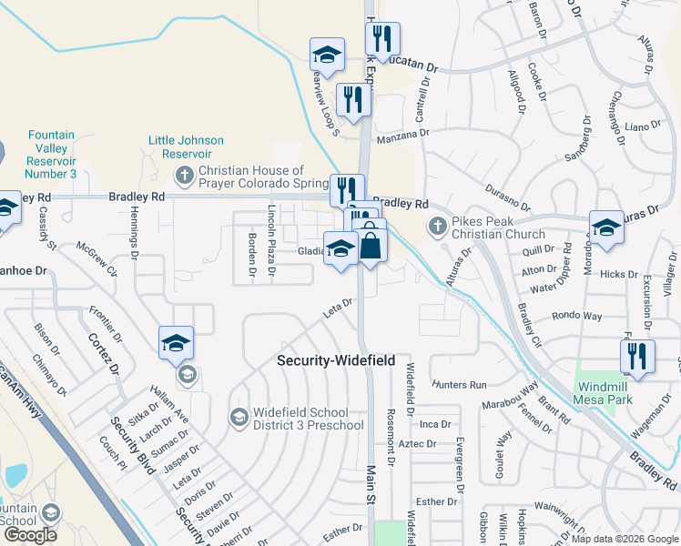 map of restaurants, bars, coffee shops, grocery stores, and more near 1820 Main Street in Colorado Springs
