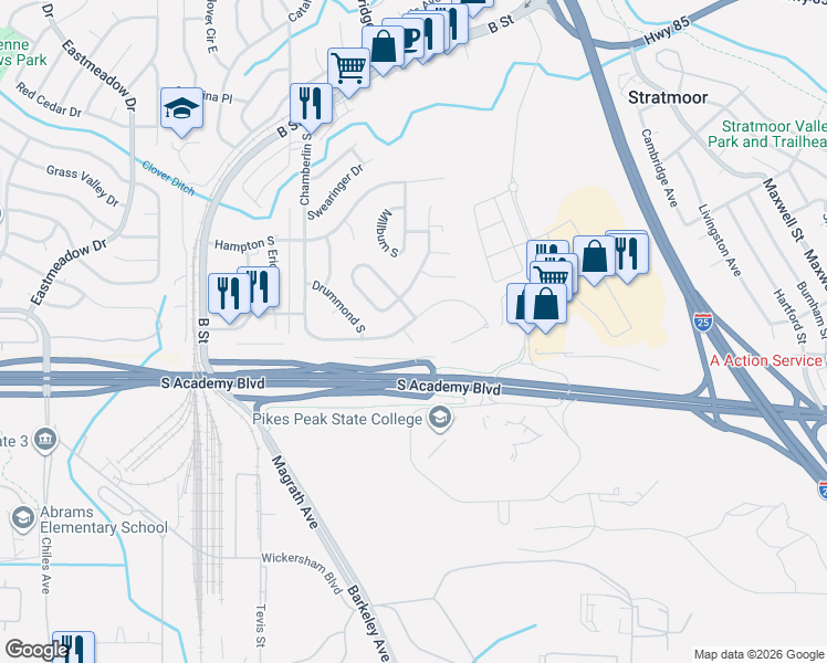 map of restaurants, bars, coffee shops, grocery stores, and more near 1968 Chamberlin South in Colorado Springs