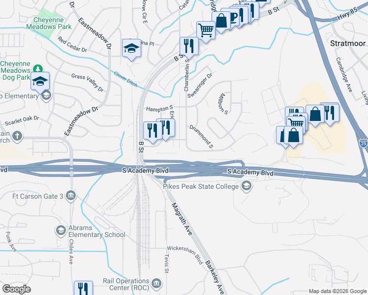 map of restaurants, bars, coffee shops, grocery stores, and more near 4368 Lashelle Avenue in Colorado Springs