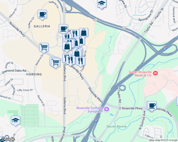 map of restaurants, bars, coffee shops, grocery stores, and more near 1025 Creekside Ridge Dr in Roseville