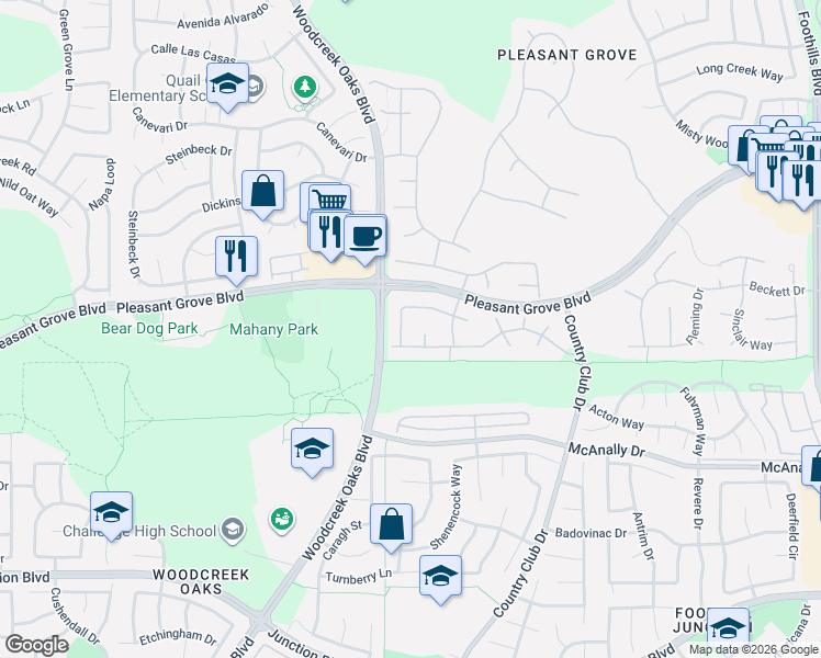 map of restaurants, bars, coffee shops, grocery stores, and more near 1253 Mercedes Drive in Roseville
