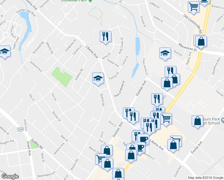 map of restaurants, bars, coffee shops, grocery stores, and more near 8681 Carlton Drive in Manassas