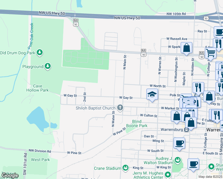 map of restaurants, bars, coffee shops, grocery stores, and more near 448 North Water Street in Warrensburg