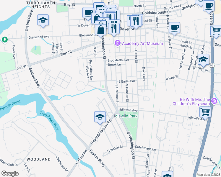 map of restaurants, bars, coffee shops, grocery stores, and more near 306 South Washington Street in Easton