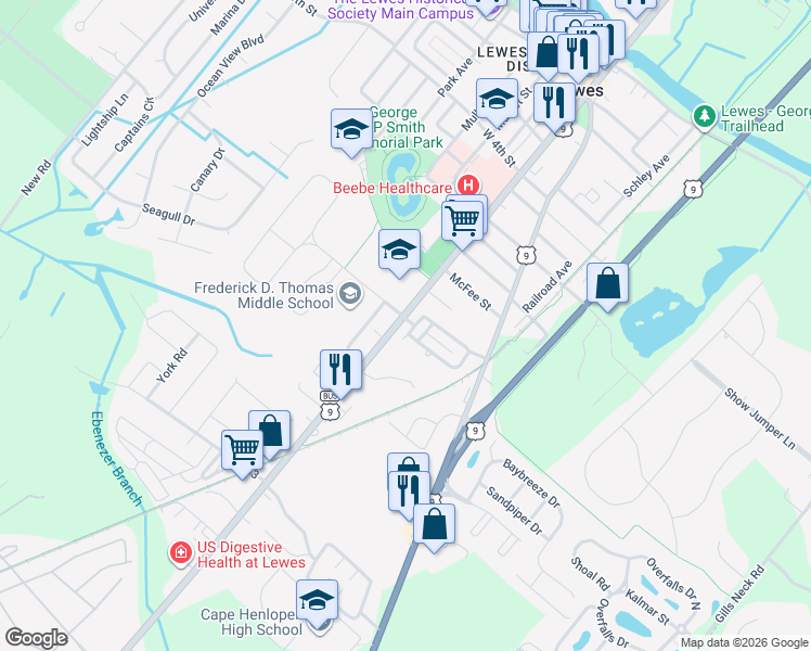 map of restaurants, bars, coffee shops, grocery stores, and more near 2 Devries Circle in Lewes