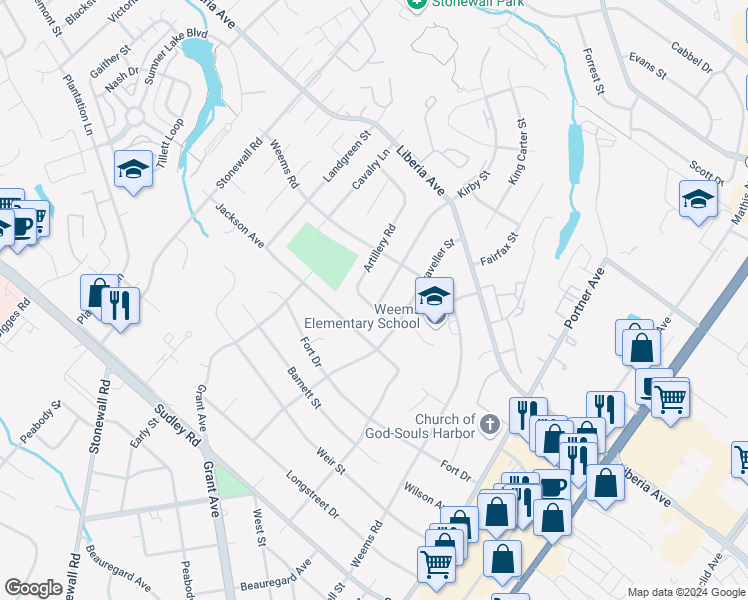map of restaurants, bars, coffee shops, grocery stores, and more near 8615 Artillery Road in Manassas