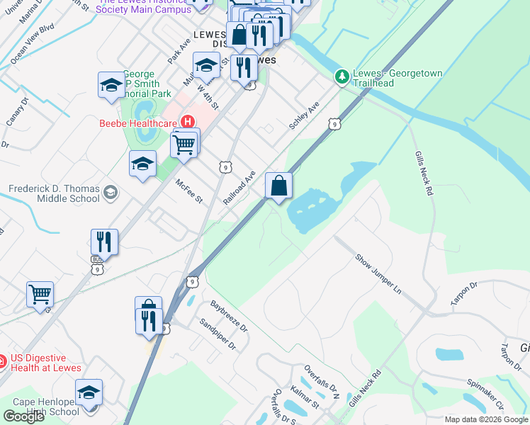 map of restaurants, bars, coffee shops, grocery stores, and more near 213-215 Monroe Avenue in Lewes
