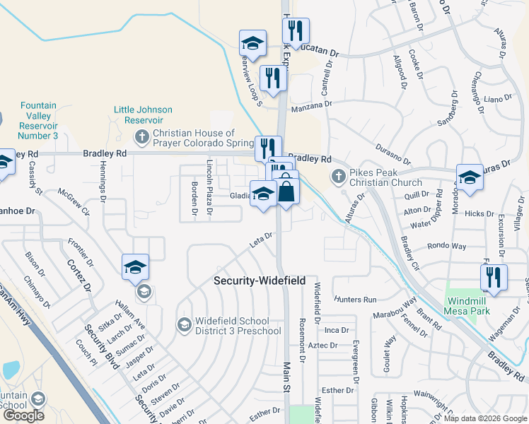 map of restaurants, bars, coffee shops, grocery stores, and more near 930 Leta Drive in Colorado Springs