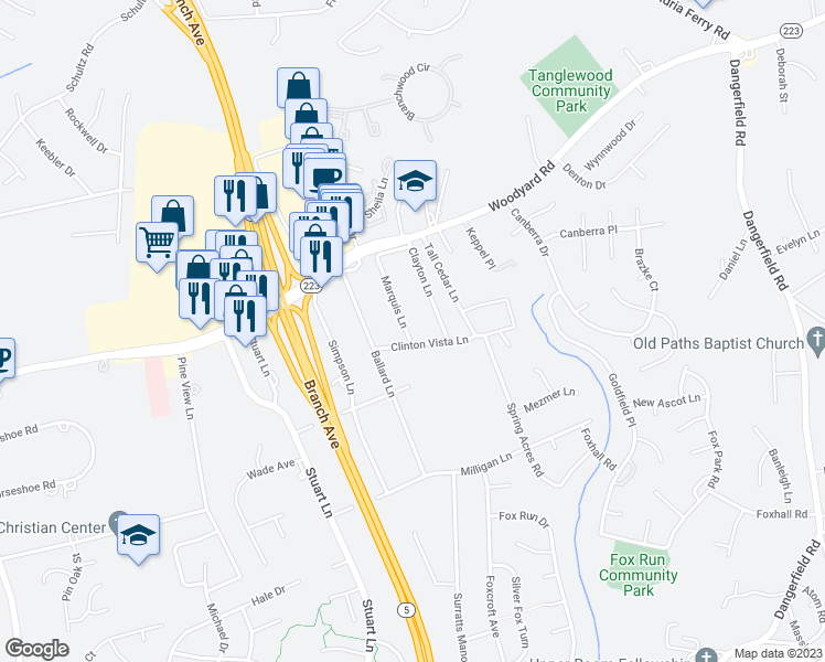 map of restaurants, bars, coffee shops, grocery stores, and more near 8910 Marquis Lane in Clinton