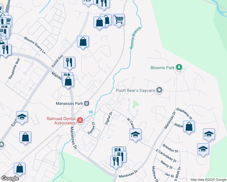 map of restaurants, bars, coffee shops, grocery stores, and more near 9724 Holmes Place in Manassas Park