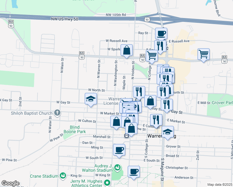 map of restaurants, bars, coffee shops, grocery stores, and more near 417 North Washington Street in Warrensburg