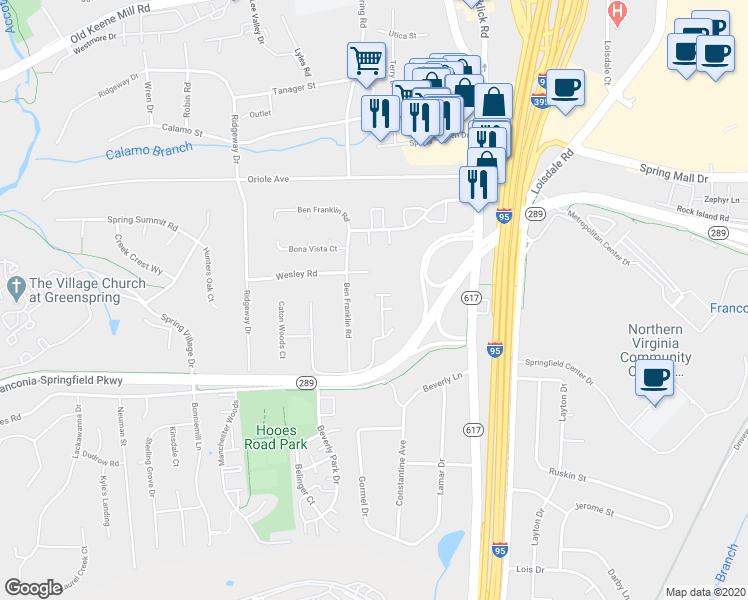 map of restaurants, bars, coffee shops, grocery stores, and more near 6920 Villa-Del-Rey Ct in Springfield
