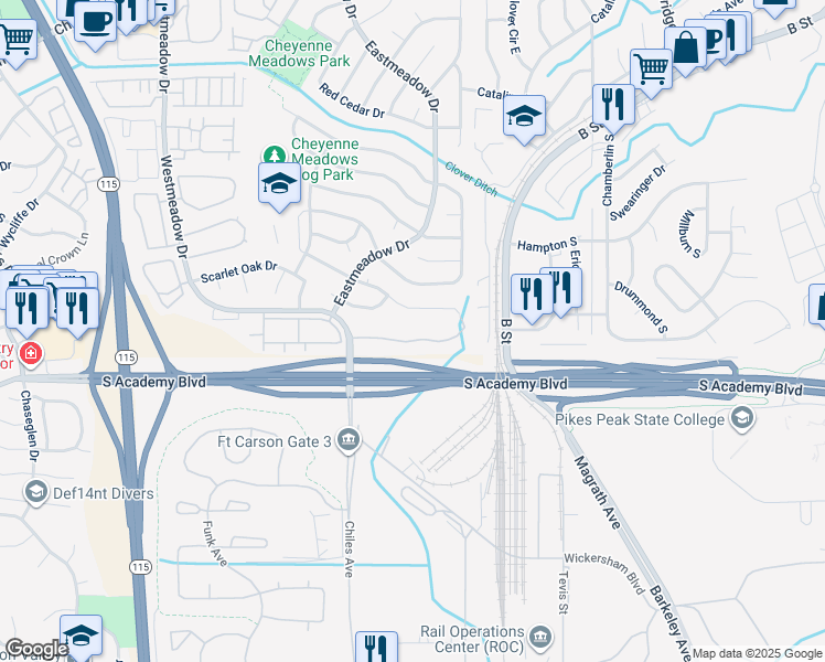 map of restaurants, bars, coffee shops, grocery stores, and more near 1472 Meadow Peak View in Colorado Springs