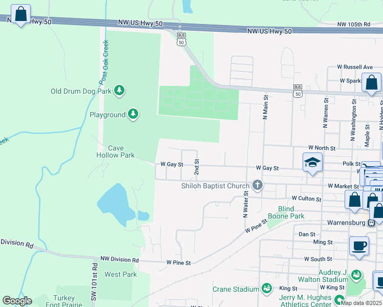 map of restaurants, bars, coffee shops, grocery stores, and more near 700 West Mill Street in Warrensburg