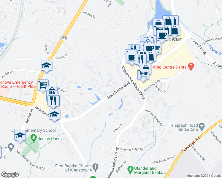 map of restaurants, bars, coffee shops, grocery stores, and more near 6929 Mary Caroline Circle in Alexandria