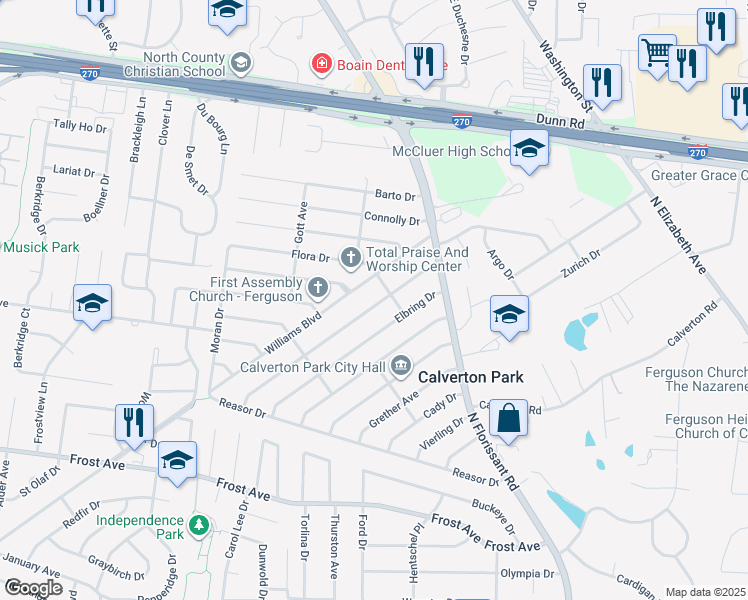 map of restaurants, bars, coffee shops, grocery stores, and more near 111 Anistasia Drive in St. Louis